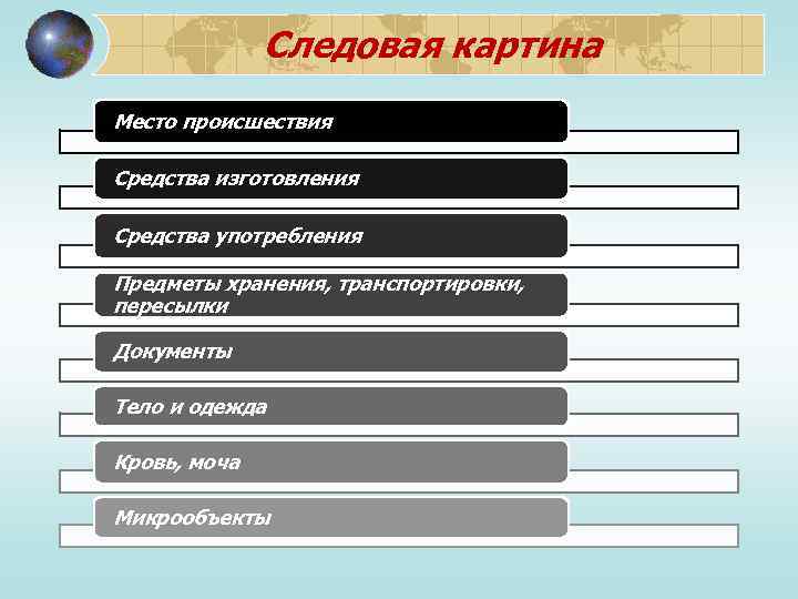 Следовая картина Место происшествия Средства изготовления Средства употребления Предметы хранения, транспортировки, пересылки Документы Тело