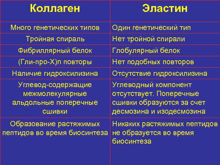 Коллаген Эластин Различия между коллагеном и эластином Много генетических типов Тройная спираль Один генетический