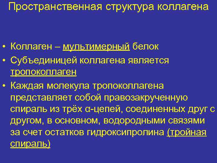Пространственная структура коллагена • Коллаген – мультимерный белок • Субъединицей коллагена является тропоколлаген •