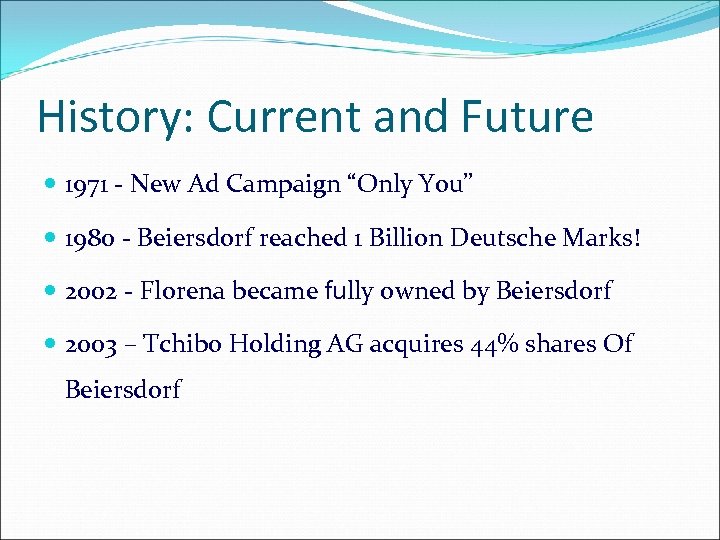 History: Current and Future 1971 - New Ad Campaign “Only You” 1980 - Beiersdorf