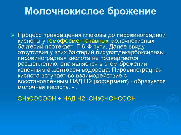 Молочнокислое брожение Ø Процесс превращения глюкозы до пировиноградной кислоты у гомоферментатавных молочнокислых бактерий протекает