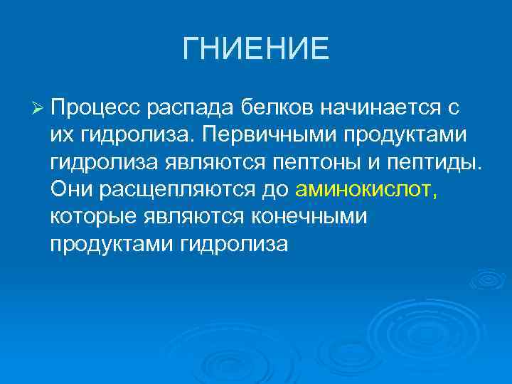 ГНИЕНИЕ Ø Процесс распада белков начинается с их гидролиза. Первичными продуктами гидролиза являются пептоны