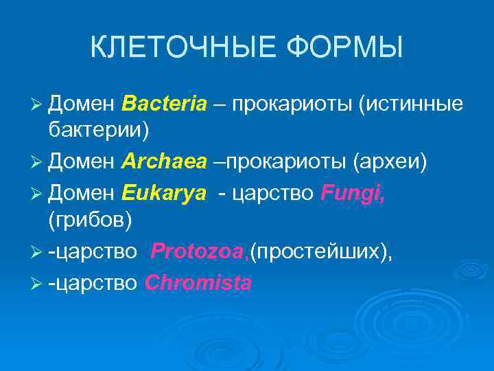 КЛЕТОЧНЫЕ ФОРМЫ Ø Домен Bacteria – прокариоты (истинные бактерии) Ø Домен Archaea –прокариоты (археи)