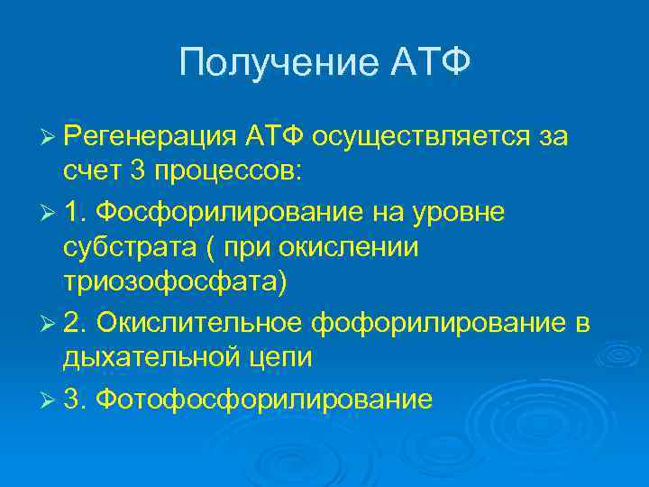 Получение АТФ Ø Регенерация АТФ осуществляется за счет 3 процессов: Ø 1. Фосфорилирование на