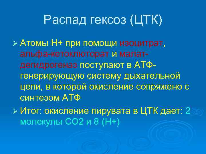 Распад гексоз (ЦТК) Ø Атомы Н+ при помощи изоцитрат, альфа-кетоклюторат и малатдегидрогеназ поступают в