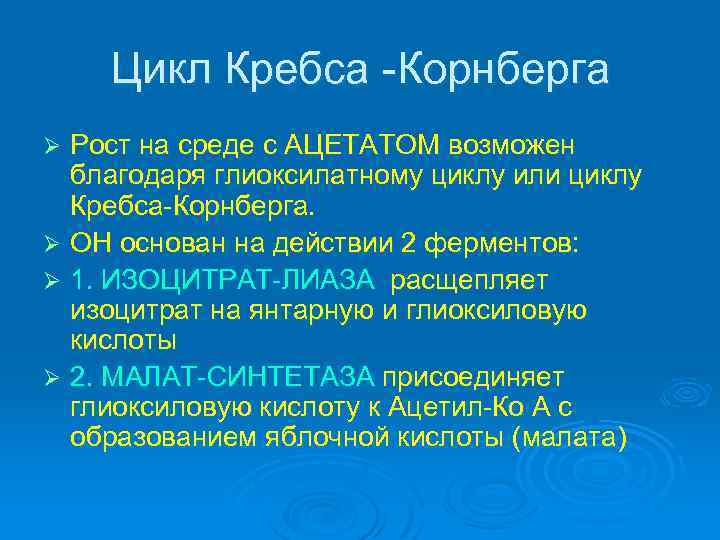 Цикл Кребса -Корнберга Рост на среде с АЦЕТАТОМ возможен благодаря глиоксилатному циклу или циклу