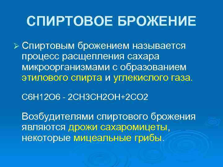 СПИРТОВОЕ БРОЖЕНИЕ Ø Спиртовым брожением называется процесс расщепления сахара микроорганизмами с образованием этилового спирта