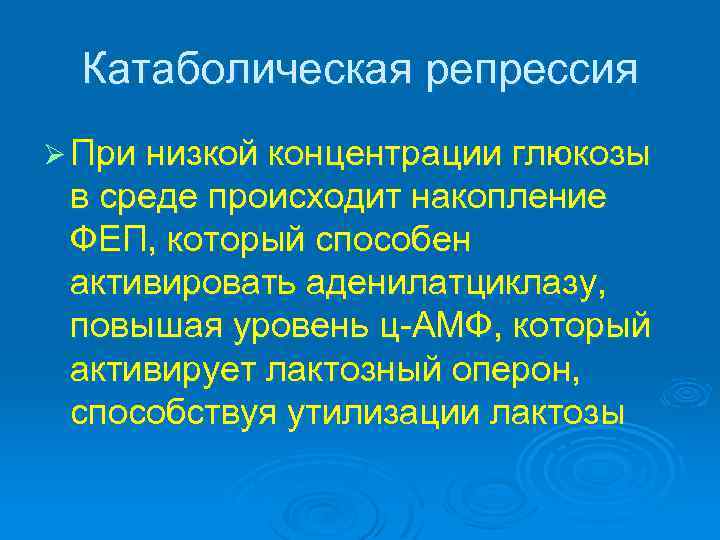 Катаболическая репрессия Ø При низкой концентрации глюкозы в среде происходит накопление ФЕП, который способен