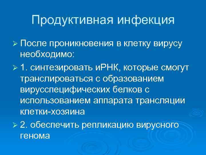 Продуктивная инфекция Ø После проникновения в клетку вирусу необходимо: Ø 1. синтезировать и. РНК,