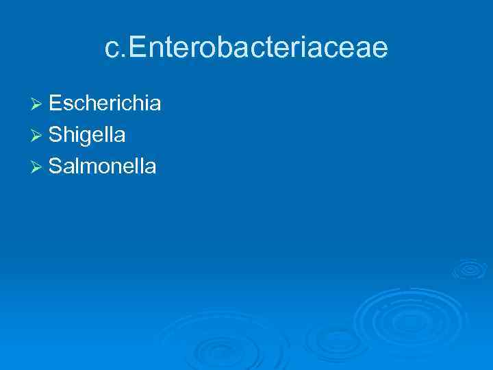 c. Enterobacteriaceae Ø Escherichia Ø Shigella Ø Salmonella 