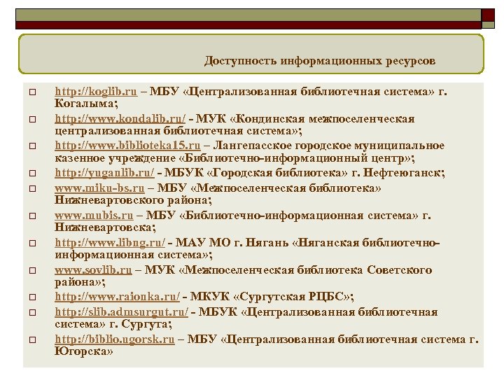  Доступность информационных ресурсов o o o http: //koglib. ru – МБУ «Централизованная библиотечная