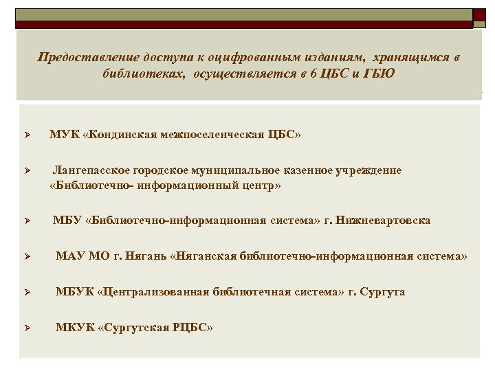 Предоставление доступа к оцифрованным изданиям, хранящимся в библиотеках, осуществляется в 6 ЦБС и ГБЮ