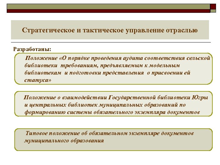 Стратегическое и тактическое управление отраслью Разработаны: Положение «О порядке проведения аудита соответствия сельской библиотеки