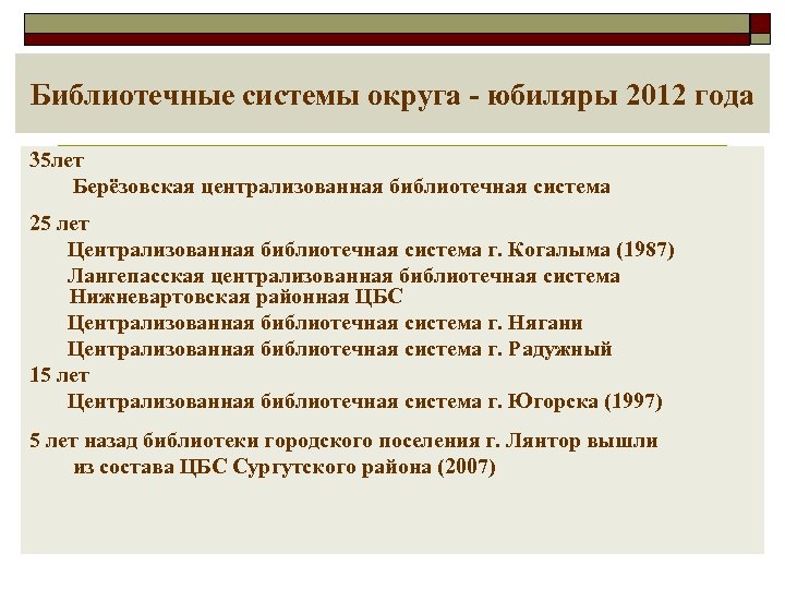 Библиотечные системы округа - юбиляры 2012 года 35 лет Берёзовская централизованная библиотечная система 25