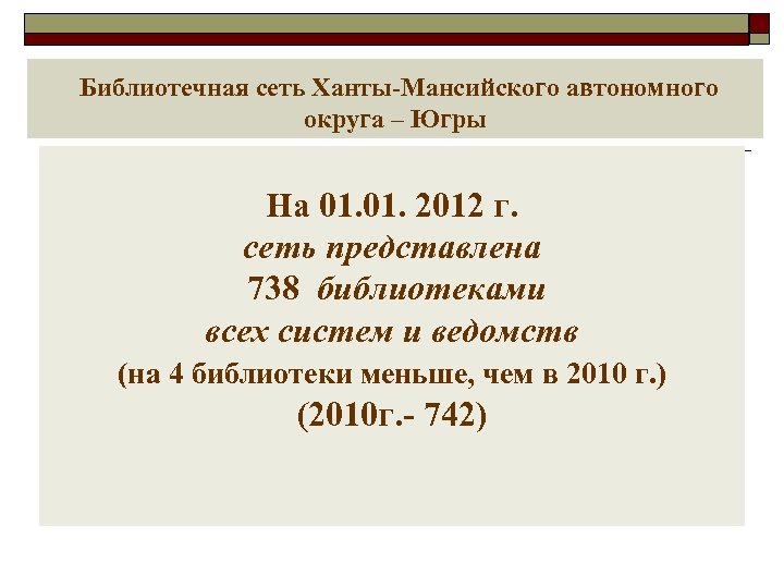  Библиотечная сеть Ханты-Мансийского автономного округа – Югры На 01. 2012 г. сеть представлена