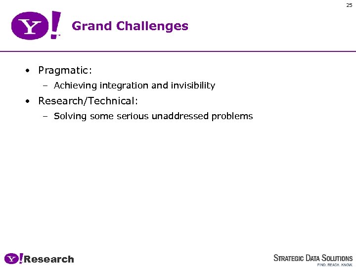 25 Grand Challenges • Pragmatic: – Achieving integration and invisibility • Research/Technical: – Solving