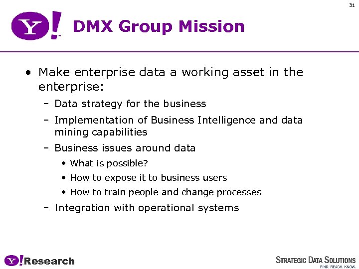 31 DMX Group Mission • Make enterprise data a working asset in the enterprise: