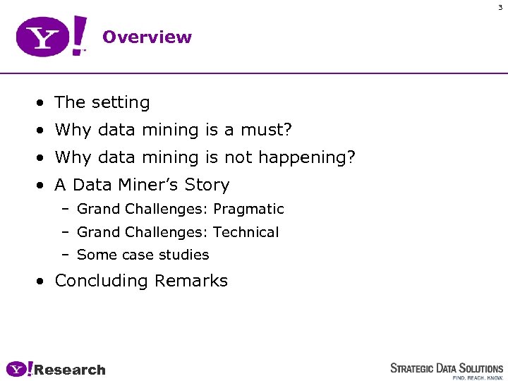 3 Overview • The setting • Why data mining is a must? • Why