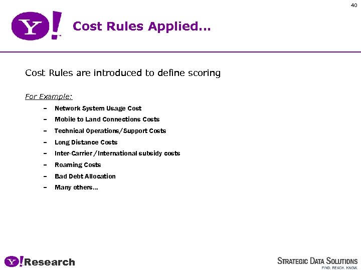 40 Cost Rules Applied… Cost Rules are introduced to define scoring For Example: –