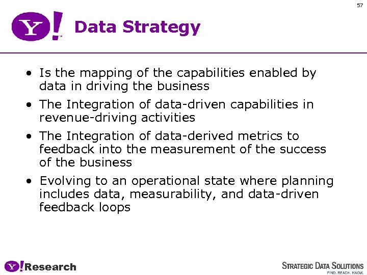 57 Data Strategy • Is the mapping of the capabilities enabled by data in