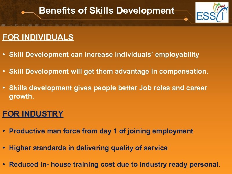Benefits of Skills Development FOR INDIVIDUALS • Skill Development can increase individuals’ employability •