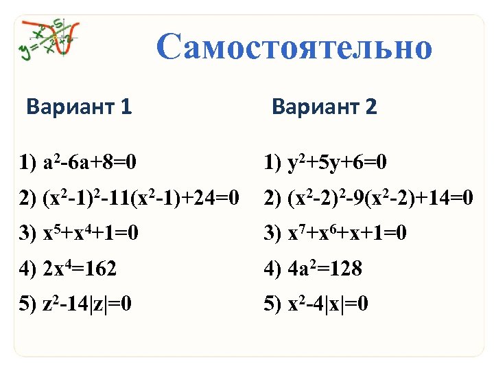 Самостоятельно Вариант 1 Вариант 2 1) а 2 -6 а+8=0 1) y 2+5 y+6=0