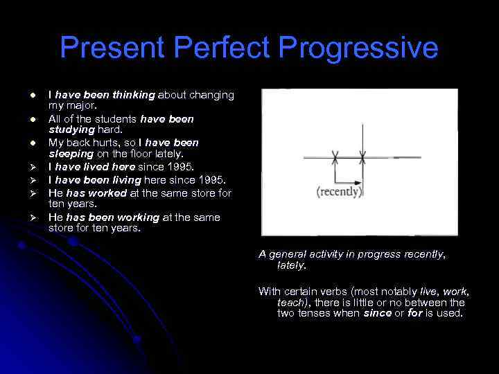 Present Perfect Progressive l l l Ø Ø I have been thinking about changing