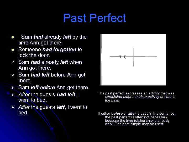 Past Perfect l l ü Ø Ø Sam had already left by the time