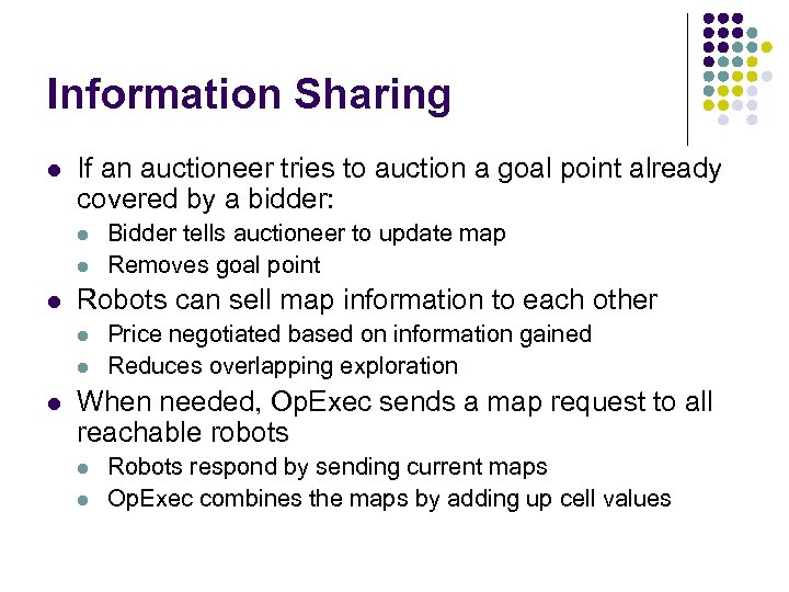 Information Sharing l If an auctioneer tries to auction a goal point already covered