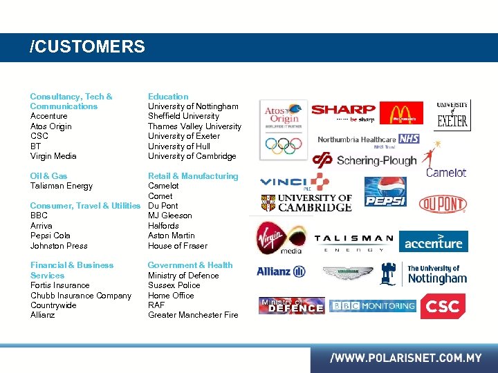 /CUSTOMERS Consultancy, Tech & Communications Accenture Atos Origin CSC BT Virgin Media Education University