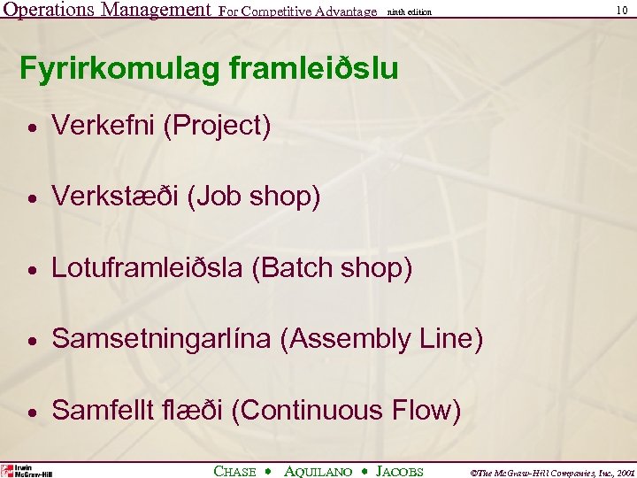 Operations Management For Competitive Advantage 10 ninth edition Fyrirkomulag framleiðslu · Verkefni (Project) ·