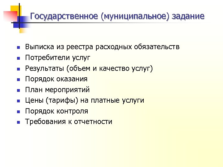 Государственное (муниципальное) задание n n n n Выписка из реестра расходных обязательств Потребители услуг