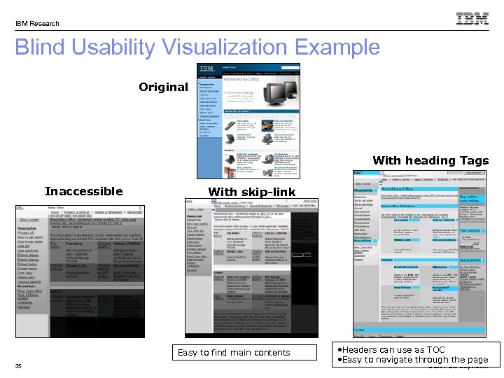 IBM Research Blind Usability Visualization Example Original With heading Tags Inaccessible With skip-link Easy