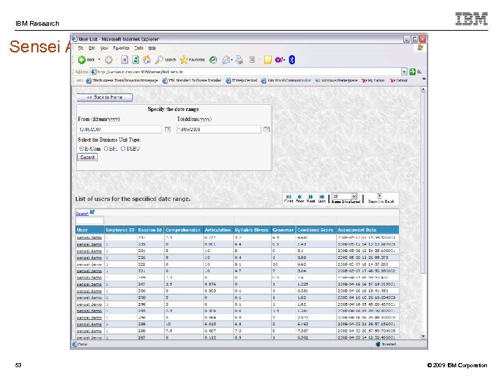 IBM Research Sensei Assessment Tool 53 © 2009 IBM Corporation 