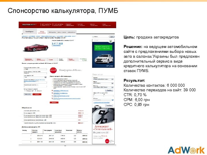 Спонсорство калькулятора, ПУМБ Цель: продажа автокредитов Решение: на ведущем автомобильном сайте с предложениями выбора