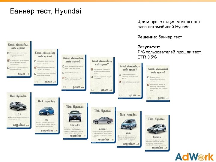 Баннер тест, Hyundai Цель: презентация модельного ряда автомобилей Hyundai Решение: баннер тест Результат: 7