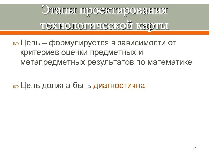 Этапы проектирования технологической карты Цель – формулируется в зависимости от критериев оценки предметных и