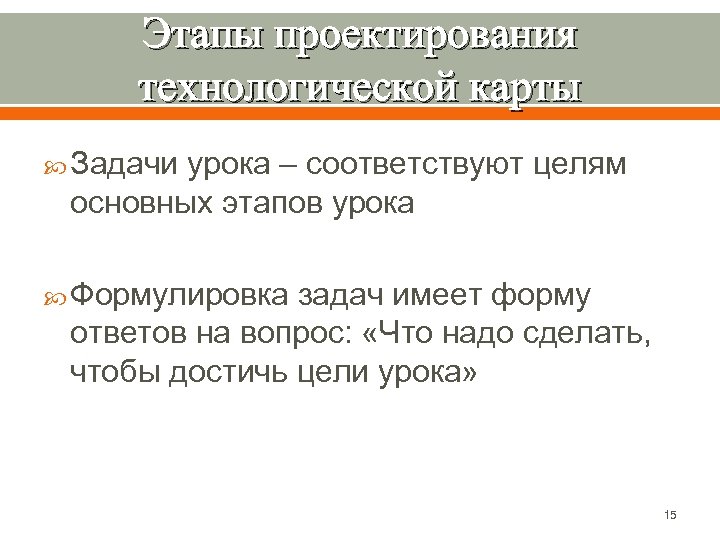 Этапы проектирования технологической карты Задачи урока – соответствуют целям основных этапов урока Формулировка задач