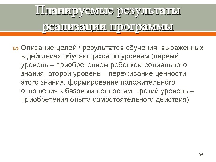 Планируемые результаты реализации программы Описание целей / результатов обучения, выраженных в действиях обучающихся по