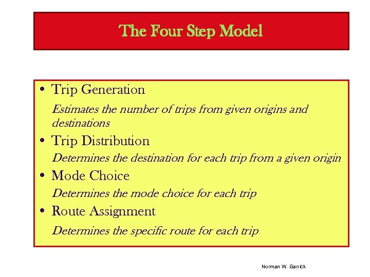 The Four Step Model • Trip Generation Estimates the number of trips from given