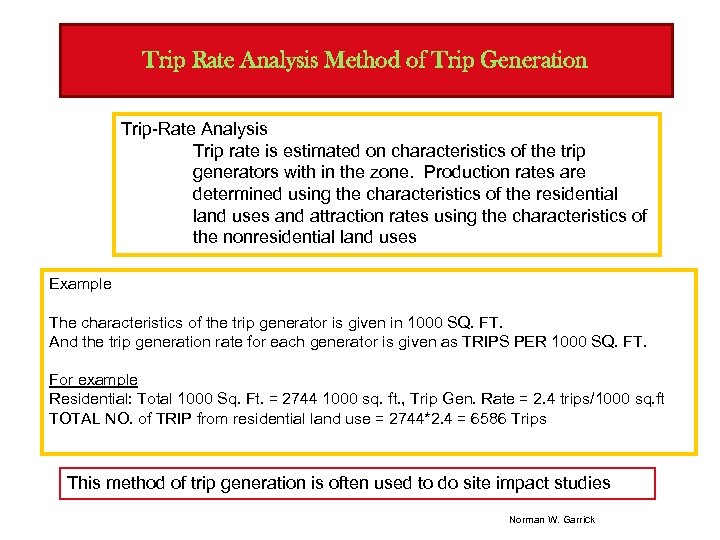 Trip Rate Analysis Method of Trip Generation Trip-Rate Analysis Trip rate is estimated on