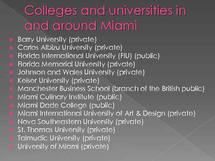 Colleges and universities in and around Miami Barry University (private) Carlos Albizu University (private)