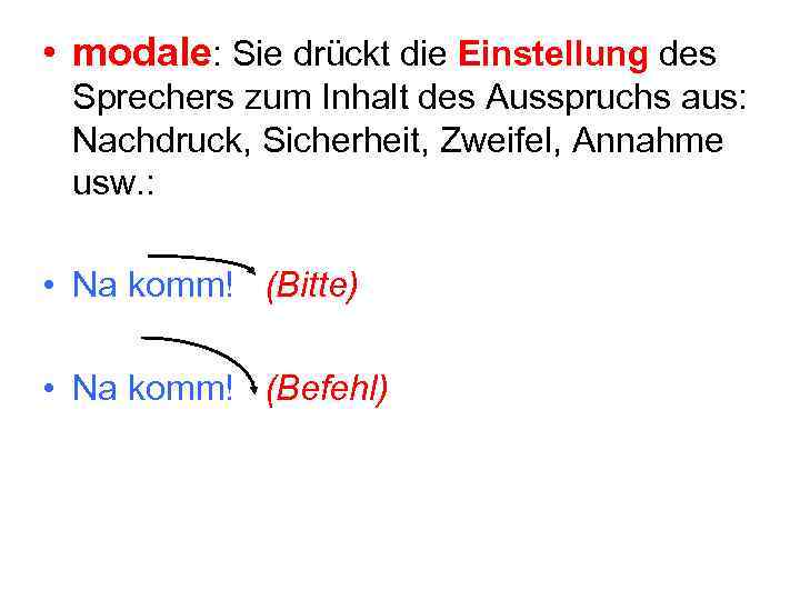  • modale: Sie drückt die Einstellung des Sprechers zum Inhalt des Ausspruchs aus: