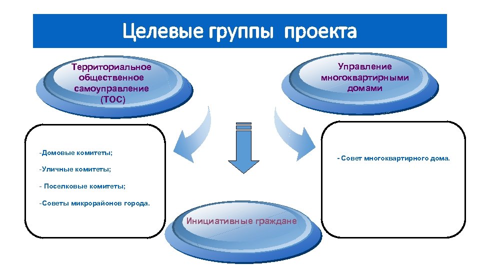 Целевые группы проекта Управление многоквартирными домами Территориальное общественное самоуправление (ТОС) -Домовые комитеты; - Совет