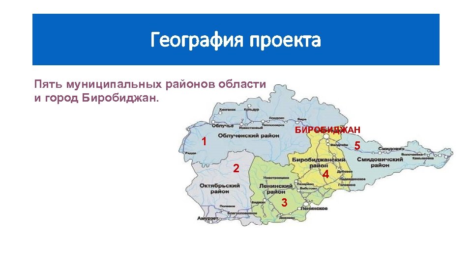 География проекта Пять муниципальных районов области и город Биробиджан. БИРОБИДЖАН 1 5 2 4