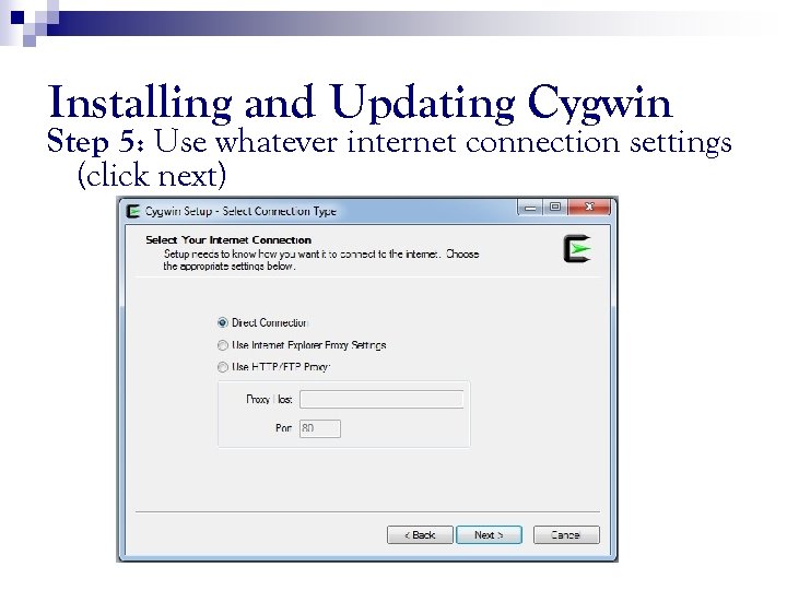 Installing and Updating Cygwin Step 5: Use whatever internet connection settings (click next) 