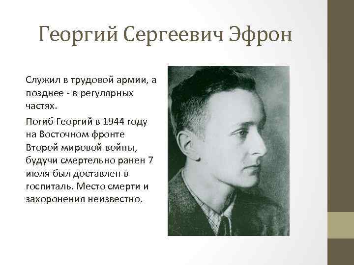 Георгий Сергеевич Эфрон Служил в трудовой армии, а позднее - в регулярных частях. Погиб