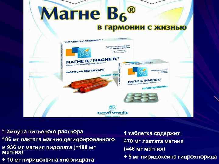 1 ампула питьевого раствора: 186 мг лактата магния дегидрированного и 936 мг магния пидолата