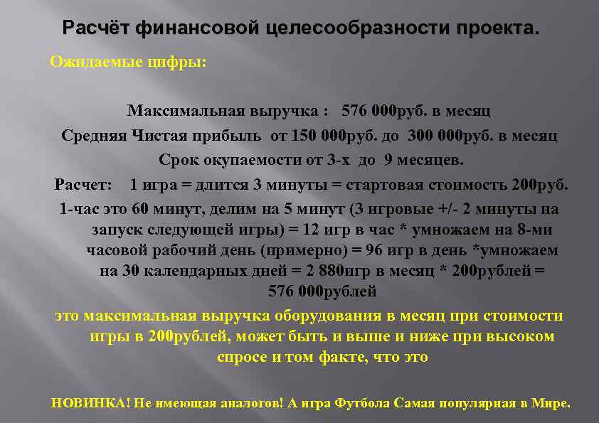 Расчёт финансовой целесообразности проекта. Ожидаемые цифры: Максимальная выручка : 576 000 руб. в месяц