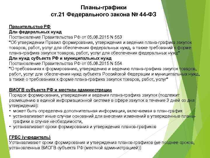 Планы-графики ст. 21 Федерального закона № 44 -ФЗ Правительство РФ Для федеральных нужд Постановление